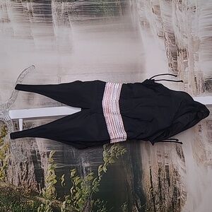 NWT! Blooming Jelly Womens Large black with colorful band one piece bathing suit